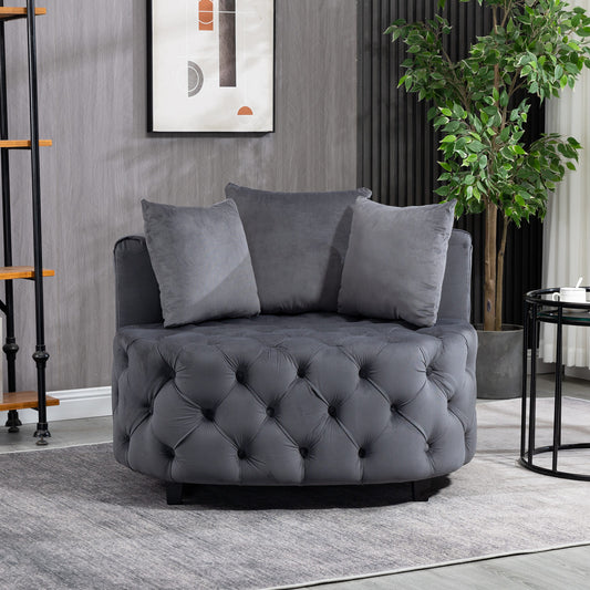 Tufted Upholstered Classical Living Room Barrel Accent Chair with Pillows- Grey_0