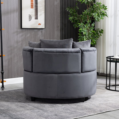 Tufted Upholstered Classical Living Room Barrel Accent Chair with Pillows- Grey_10