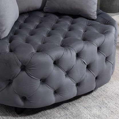 Tufted Upholstered Classical Living Room Barrel Accent Chair with Pillows- Grey_11