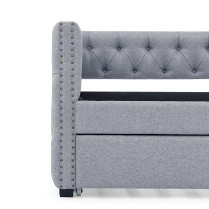 Twin Upholstered Daybed with Trundle Tufted Button Sofa Bed in Grey_11