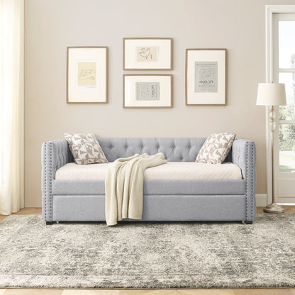 Twin Upholstered Daybed with Trundle Tufted Button Sofa Bed in Grey_3