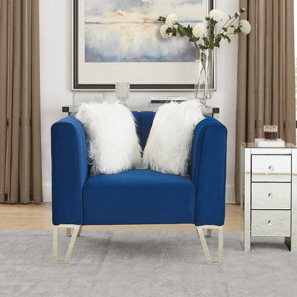 Sofa Chair with Mirrored Side Trim with Faux Diamonds and Stainless Steel Legs- Blue_2