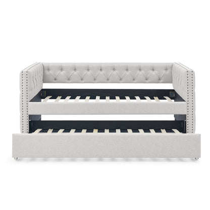 Twin Size Daybed with Trundle Upholstered Tufted Sofa Bed with Button and Copper Nails- Beige_4