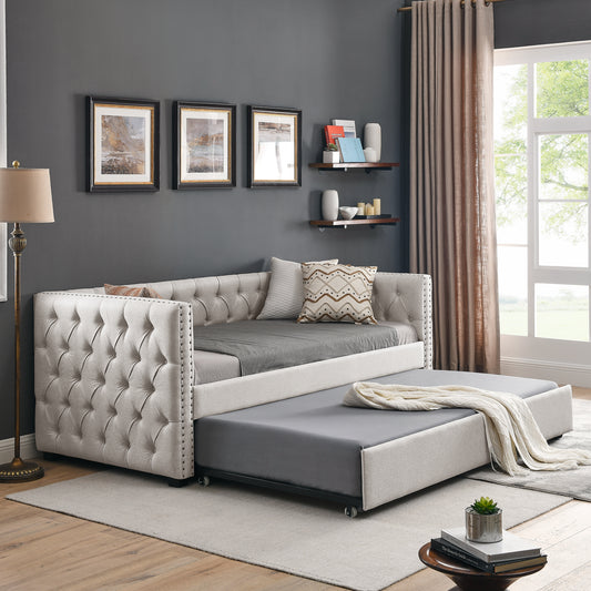 Twin Size Daybed with Trundle Upholstered Tufted Sofa Bed with Button and Copper Nails- Beige_0