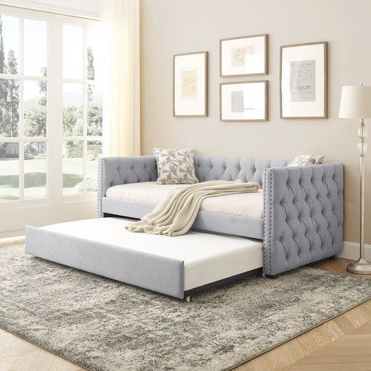 Twin Upholstered Daybed with Trundle Tufted Button Sofa Bed in Grey_0