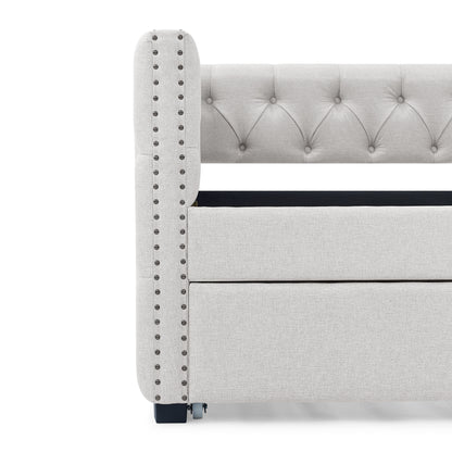 Twin Size Daybed with Trundle Upholstered Tufted Sofa Bed with Button and Copper Nails- Beige_9