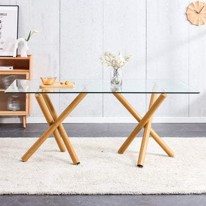 6-8 Seater Modern Kitchen Dining Table Rectangular Transparent Table Top with Wooden Metal Leg_1