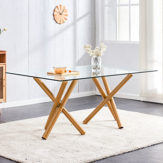 6-8 Seater Modern Kitchen Dining Table Rectangular Transparent Table Top with Wooden Metal Leg_0