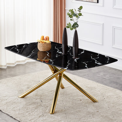 Large modern minimalist rectangular dining table with 0.39 "imitation marble black tabletop and golden metal legs, for Kitchen Dining Living Meeting Room Banquet hall 1537_2