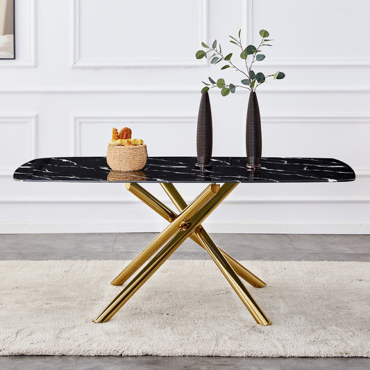 Large modern minimalist rectangular dining table with 0.39 "imitation marble black tabletop and golden metal legs, for Kitchen Dining Living Meeting Room Banquet hall 1537_0