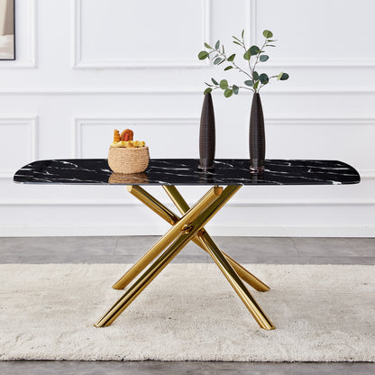 6-8 Seater Modern Kitchen Dining Table Rectangular Black Marble Table Top with Single Gold Metal Leg_0