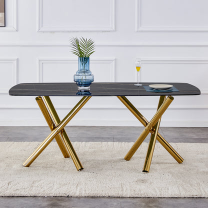 6-8 Seater Modern Kitchen Dining Table Rectangular Black Marble Table Top with Gold Metal Legs_2