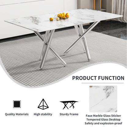 6-8 Seater Modern Kitchen Dining Table Rectangular Marble Glass Table Top with Silver Metal Legs_3