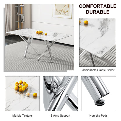 6-8 Seater Modern Kitchen Dining Table Rectangular Marble Glass Table Top with Silver Metal Legs_4