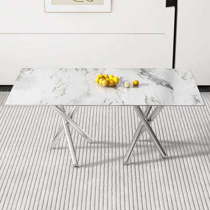 6-8 Seater Modern Kitchen Dining Table Rectangular Marble Glass Table Top with Silver Metal Legs_1