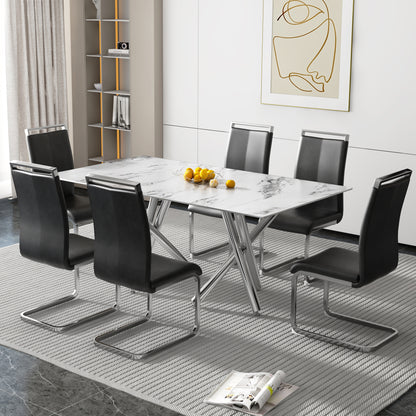 6-8 Seater Modern Kitchen Dining Table Rectangular Marble Glass Table Top with Silver Metal Legs_10