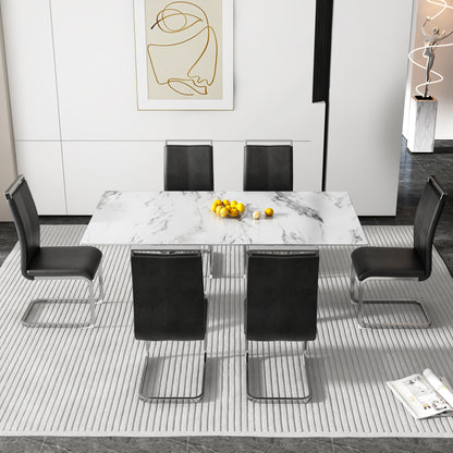 6-8 Seater Modern Kitchen Dining Table Rectangular Marble Glass Table Top with Silver Metal Legs_13