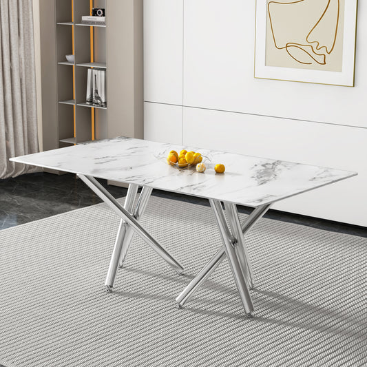 6-8 Seater Modern Kitchen Dining Table Rectangular Marble Glass Table Top with Silver Metal Legs_0