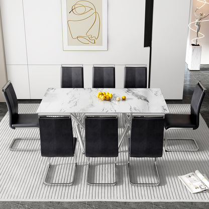 6-8 Seater Modern Kitchen Dining Table Rectangular Marble Glass Table Top with Silver Metal Legs_14
