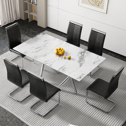 6-8 Seater Modern Kitchen Dining Table Rectangular Marble Glass Table Top with Silver Metal Legs_12