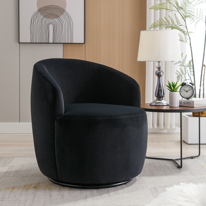 Velvet Fabric Swivel Accent Armchair Plain Barrel Chair With Black Metal Ring- Black_8