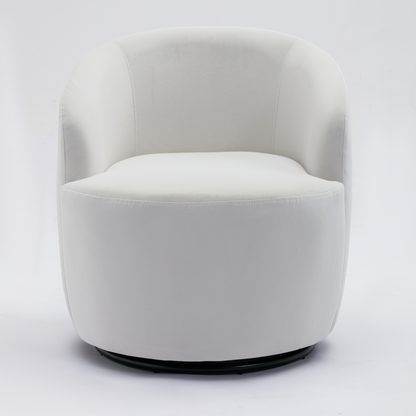 Velvet Fabric Swivel Accent Armchair Plain Barrel Chair With Black Metal Ring- White_8