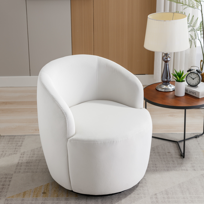 Velvet Fabric Swivel Accent Armchair Plain Barrel Chair With Black Metal Ring- White_2
