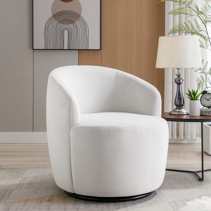 Velvet Fabric Swivel Accent Armchair Plain Barrel Chair With Black Metal Ring- White_3