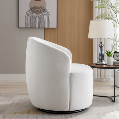 Velvet Fabric Swivel Accent Armchair Plain Barrel Chair With Black Metal Ring- White_4
