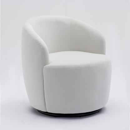 Velvet Fabric Swivel Accent Armchair Plain Barrel Chair With Black Metal Ring- White_13