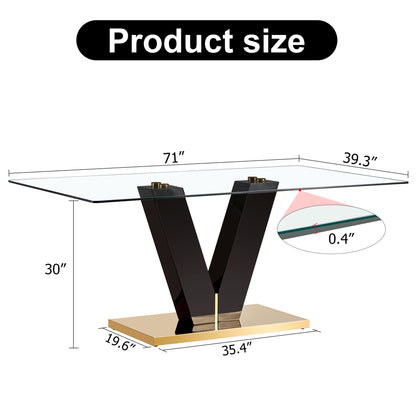 6-8 Seater Modern Minimalist 0.4" Tempered Glass Tabletop and V-Shaped Slab Legs- Black, Gold_23