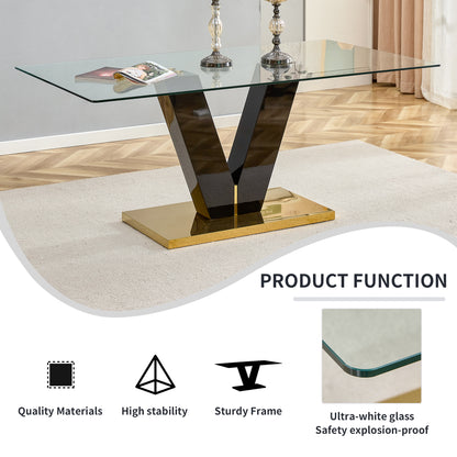 6-8 Seater Modern Minimalist 0.4" Tempered Glass Tabletop and V-Shaped Slab Legs- Black, Gold_24