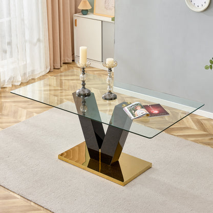 6-8 Seater Modern Minimalist 0.4" Tempered Glass Tabletop and V-Shaped Slab Legs- Black, Gold_1
