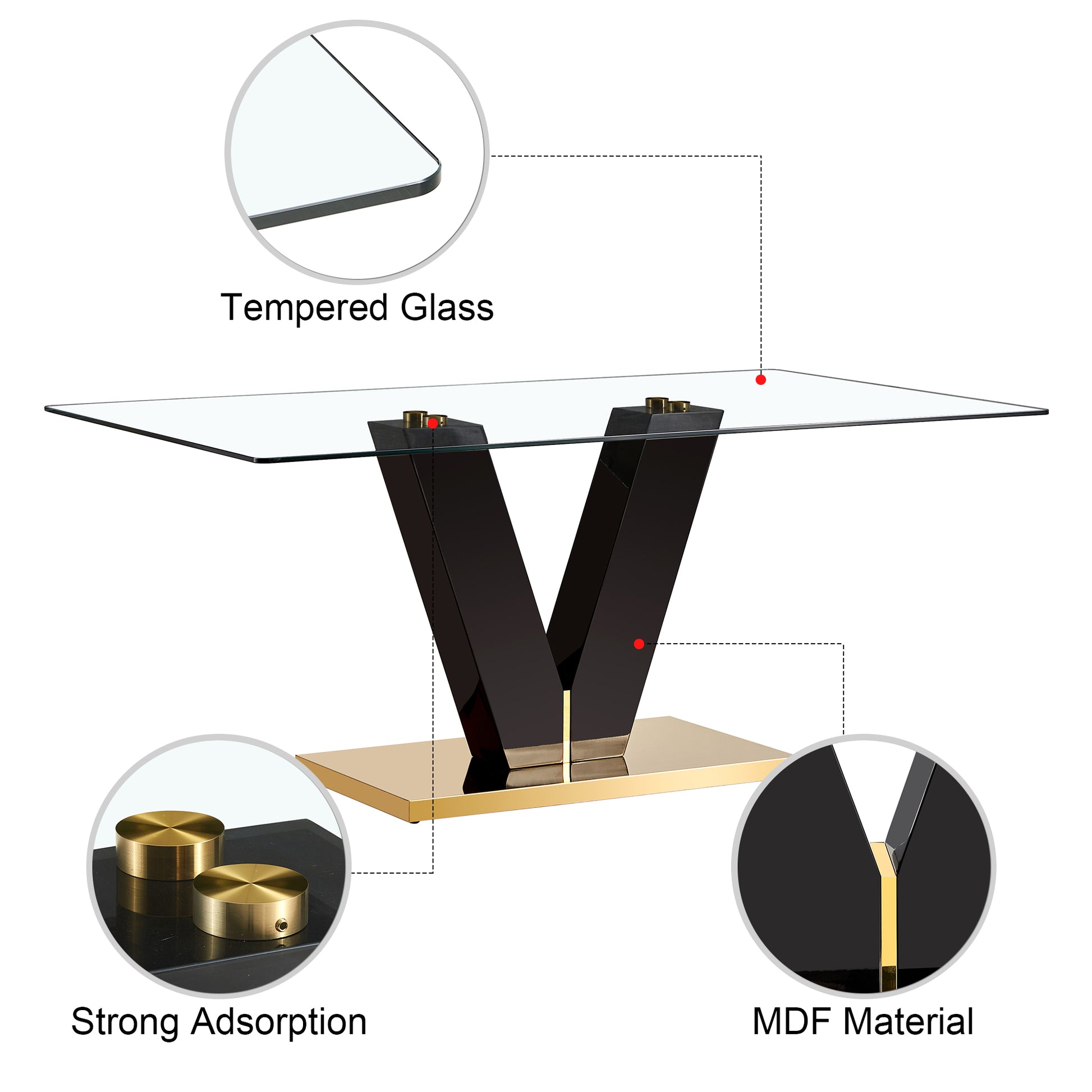 6-8 Seater Modern Minimalist 0.4" Tempered Glass Tabletop and V-Shaped Slab Legs- Black, Gold_21