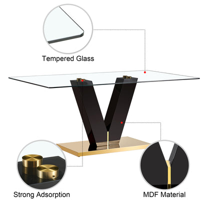 6-8 Seater Modern Minimalist 0.4" Tempered Glass Tabletop and V-Shaped Slab Legs- Black, Gold_21