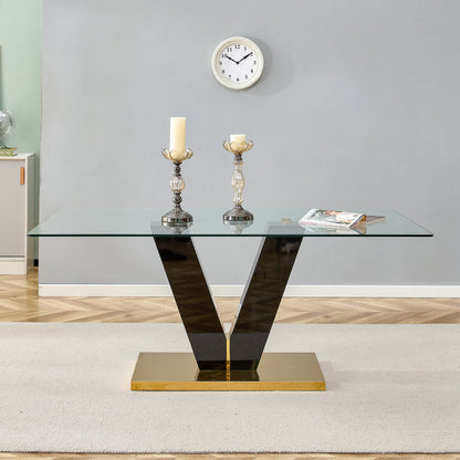 6-8 Seater Modern Minimalist 0.4" Tempered Glass Tabletop and V-Shaped Slab Legs- Black, Gold_2