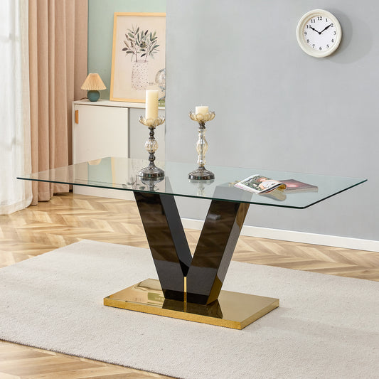6-8 Seater Modern Minimalist 0.4" Tempered Glass Tabletop and V-Shaped Slab Legs- Black, Gold_0