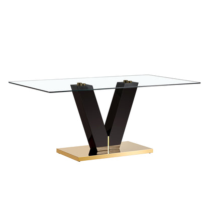 6-8 Seater Modern Minimalist 0.4" Tempered Glass Tabletop and V-Shaped Slab Legs- Black, Gold_20