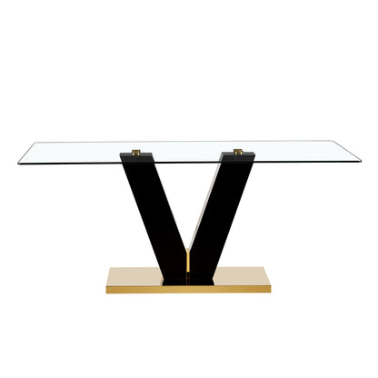 6-8 Seater Modern Minimalist 0.4" Tempered Glass Tabletop and V-Shaped Slab Legs- Black, Gold_18