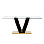 6-8 Seater Modern Minimalist 0.4" Tempered Glass Tabletop and V-Shaped Slab Legs- Black, Gold_18