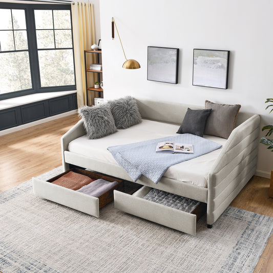 Full Size Daybed with Two Drawers Trundle Upholstered Tufted Sofa Bed- Beige_0