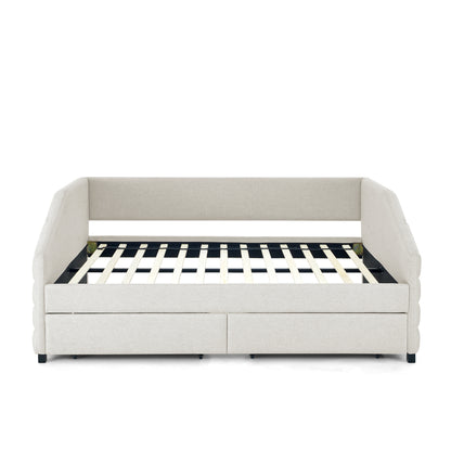 Full Size Daybed with Two Drawers Trundle Upholstered Tufted Sofa Bed- Beige_6