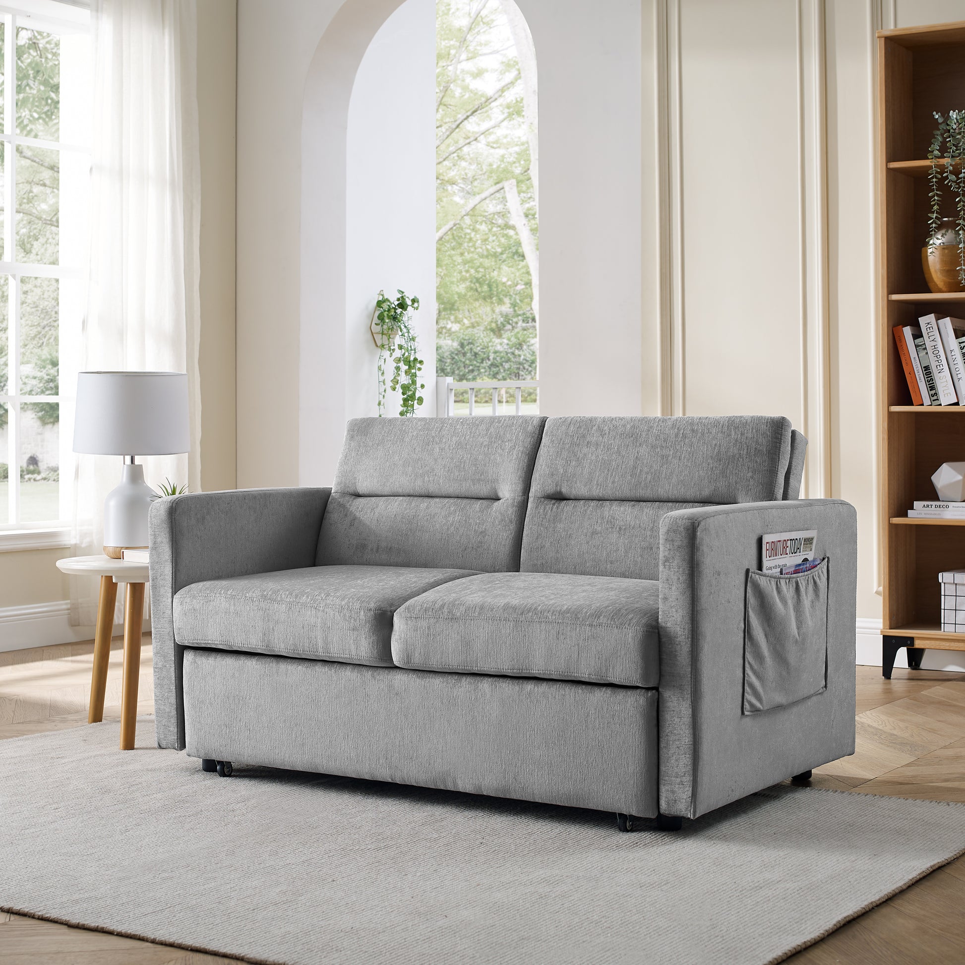 Upholstered Sleeper Sofa Bed with Adjustable Backrest and Foam Cushion- Grey_1