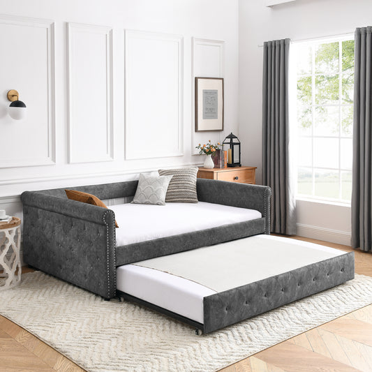 Twin Size Daybed with Trundle Upholstered Tufted Sofa Bed with Button and Copper Nails- Grey_0