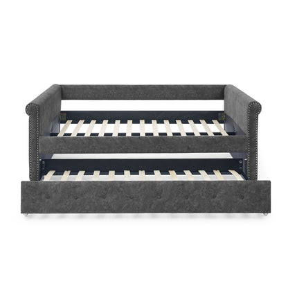 Twin Size Daybed with Trundle Upholstered Tufted Sofa Bed with Button and Copper Nails- Grey_4