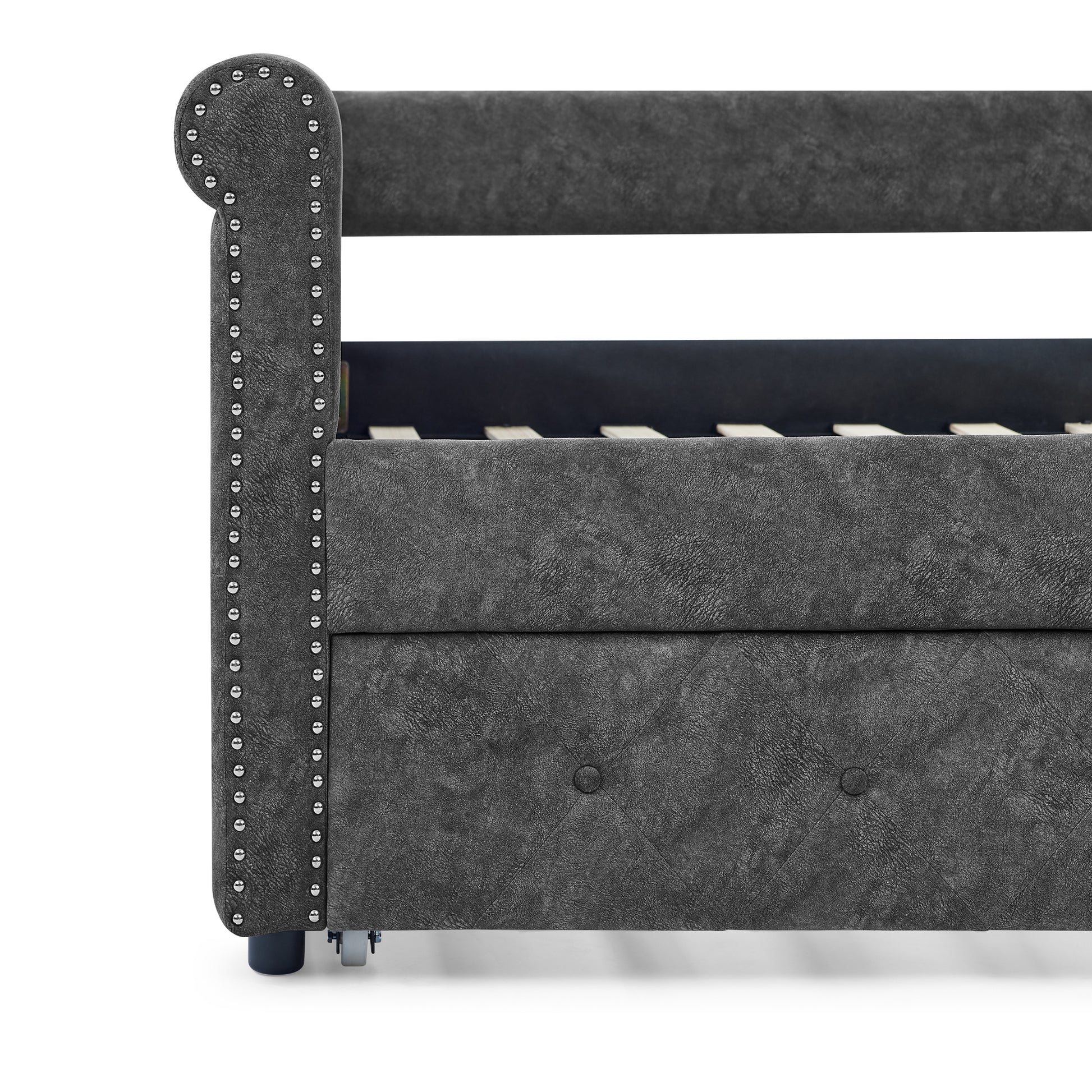 Twin Size Daybed with Trundle Upholstered Tufted Sofa Bed with Button and Copper Nails- Grey_8