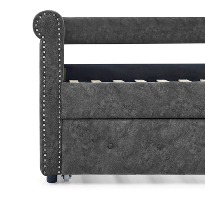 Twin Size Daybed with Trundle Upholstered Tufted Sofa Bed with Button and Copper Nails- Grey_8