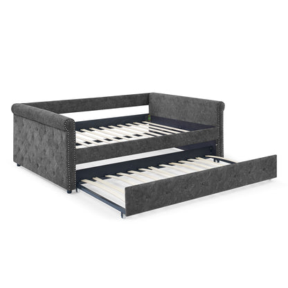 Twin Size Daybed with Trundle Upholstered Tufted Sofa Bed with Button and Copper Nails- Grey_5