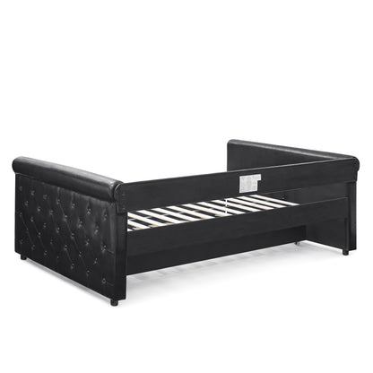 Twin Size Daybed with Trundle Upholstered Tufted Sofa Bed with Button and Copper Nails- Black, PU_7