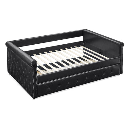 Twin Size Daybed with Trundle Upholstered Tufted Sofa Bed with Button and Copper Nails- Black, PU_3